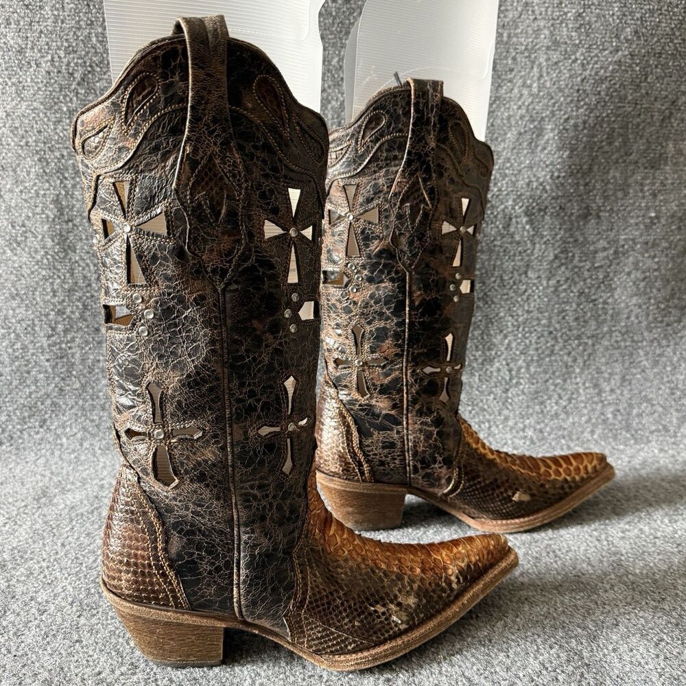 Corral Women's Genuine Python Western Equestrian Boots Brown Cutout Cross 6.5